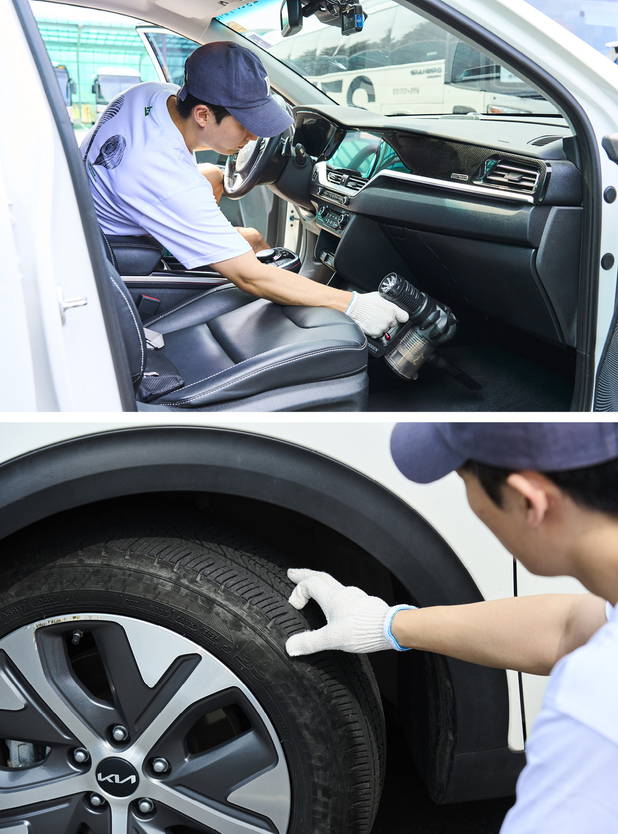 한 남성이 타이어를 살펴보고 있다
