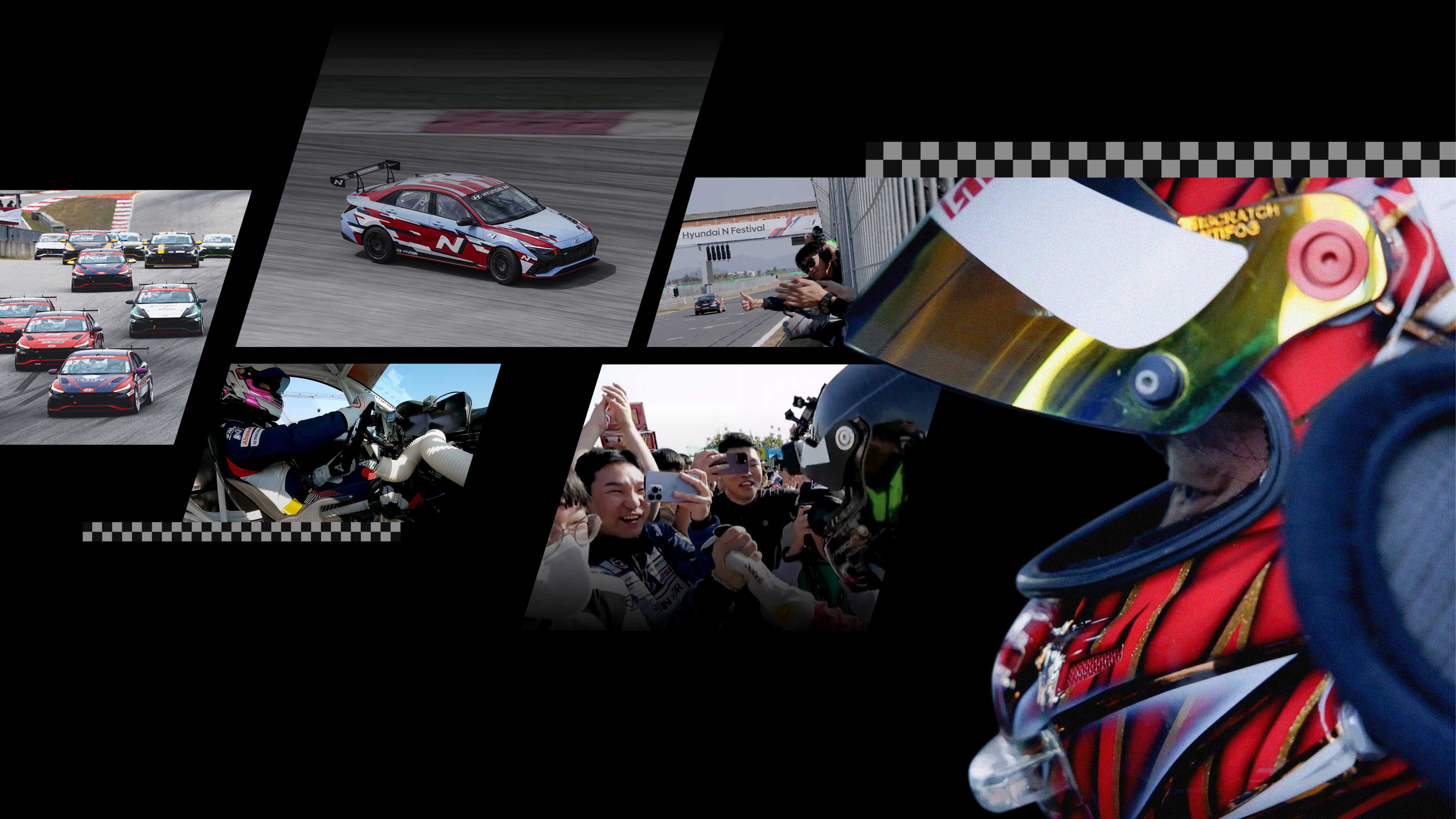 Highlights of the Hyundai N Festival and a profile of a racer wearing a helmet