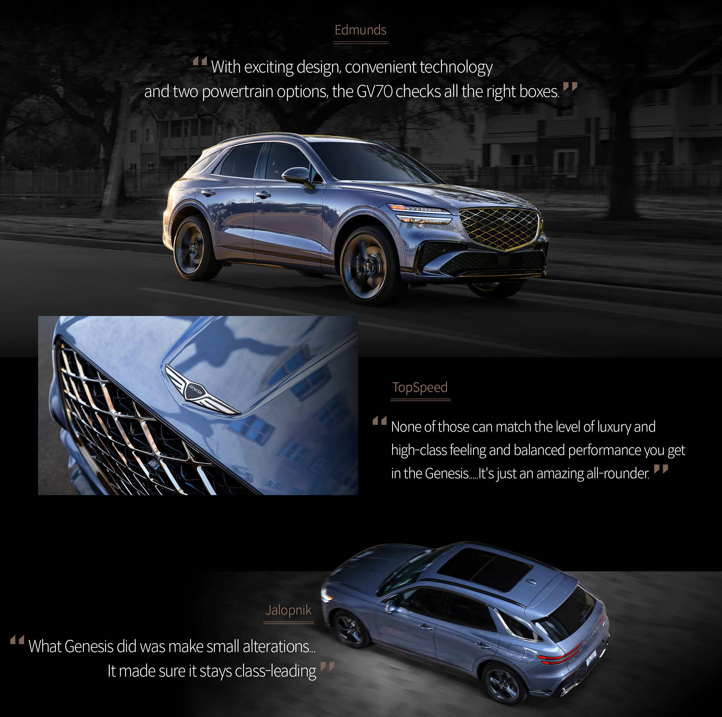 A summary image of journalists' reviews of the Genesis GV70 test drive