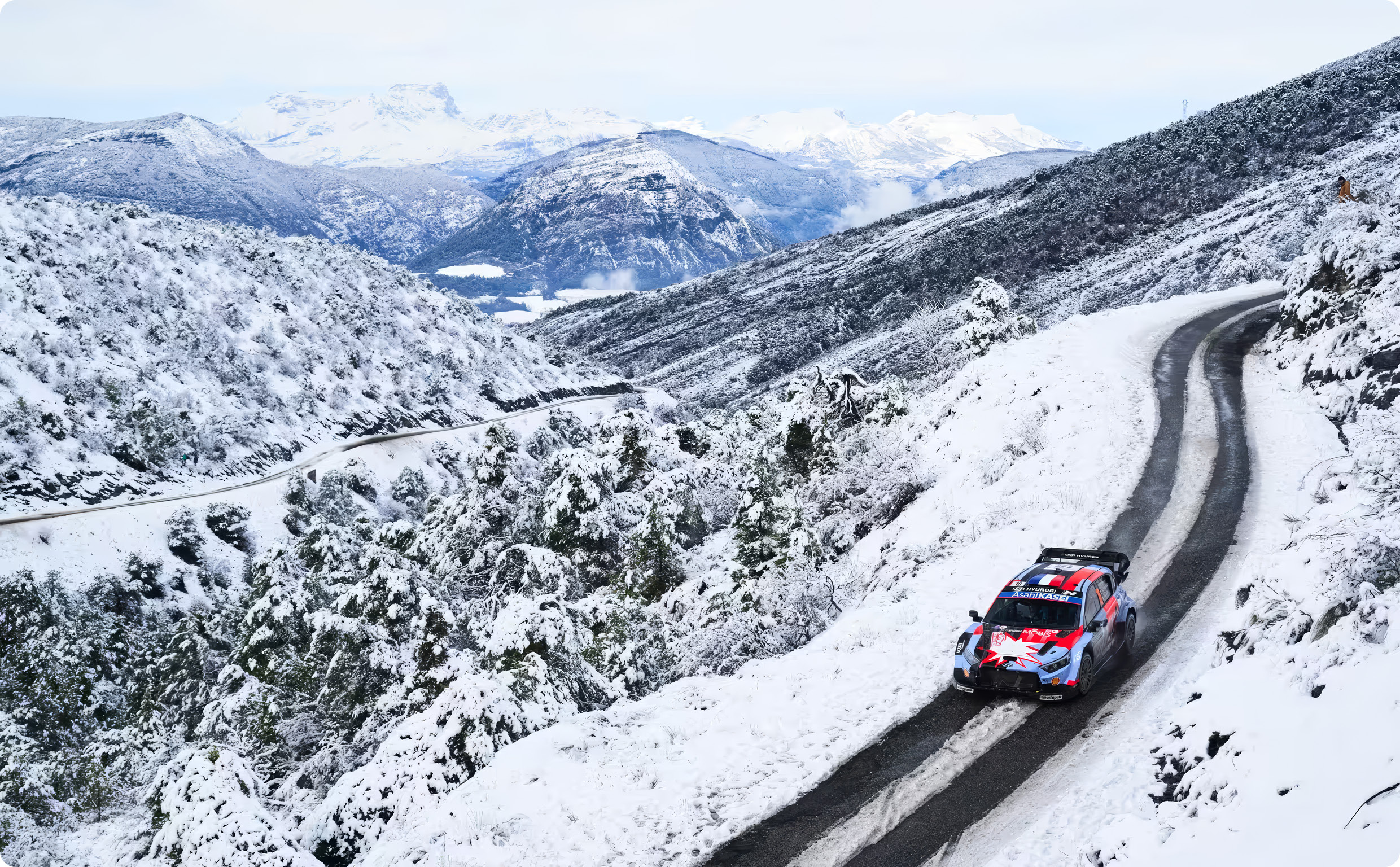 i20 N Rally car driving on snowy road