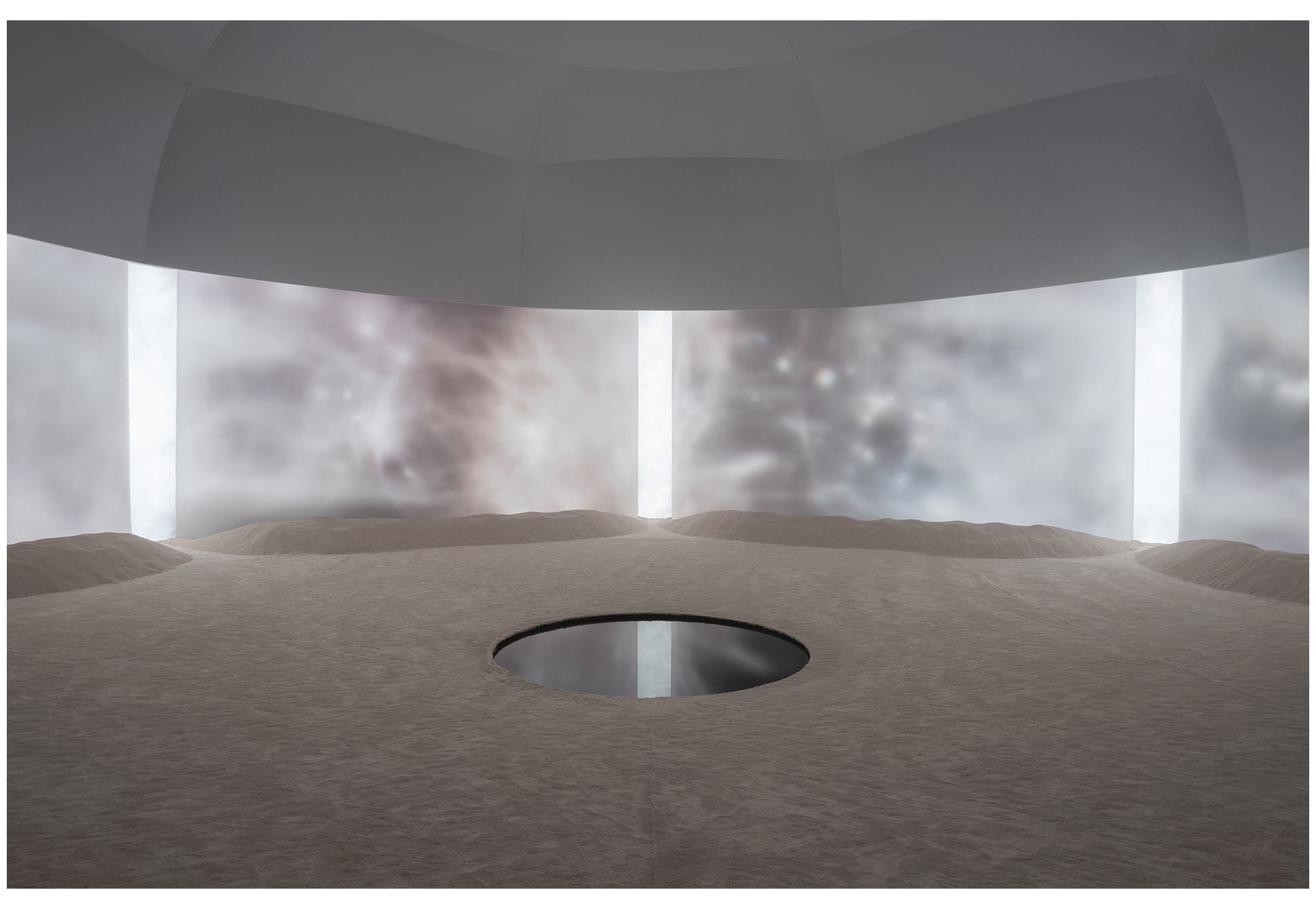 A futuristic installation artwork with a circular structure placed on the floor at the center of a dark exhibition space