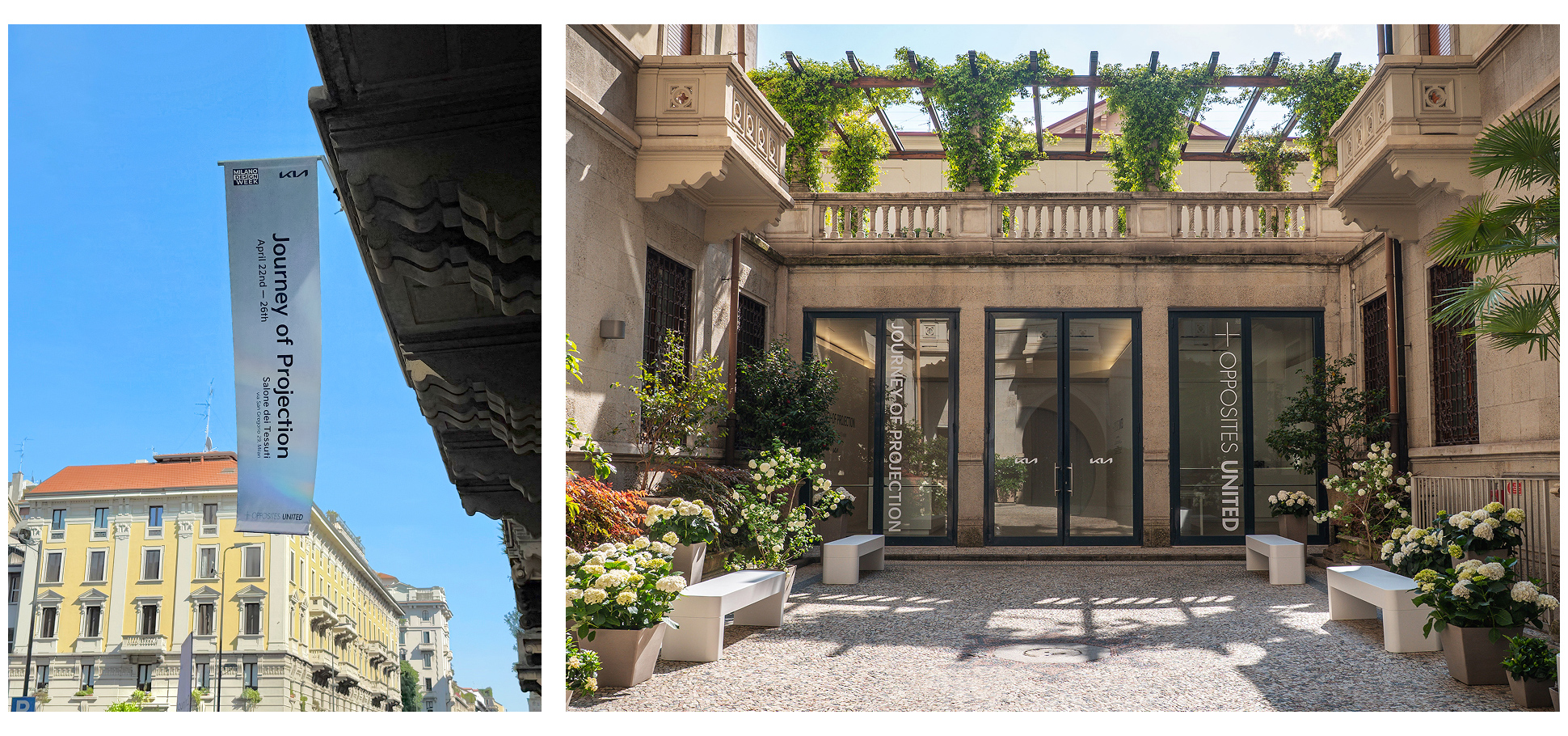 A classical architectural space where the exterior of a Milan street building blends with green plants
