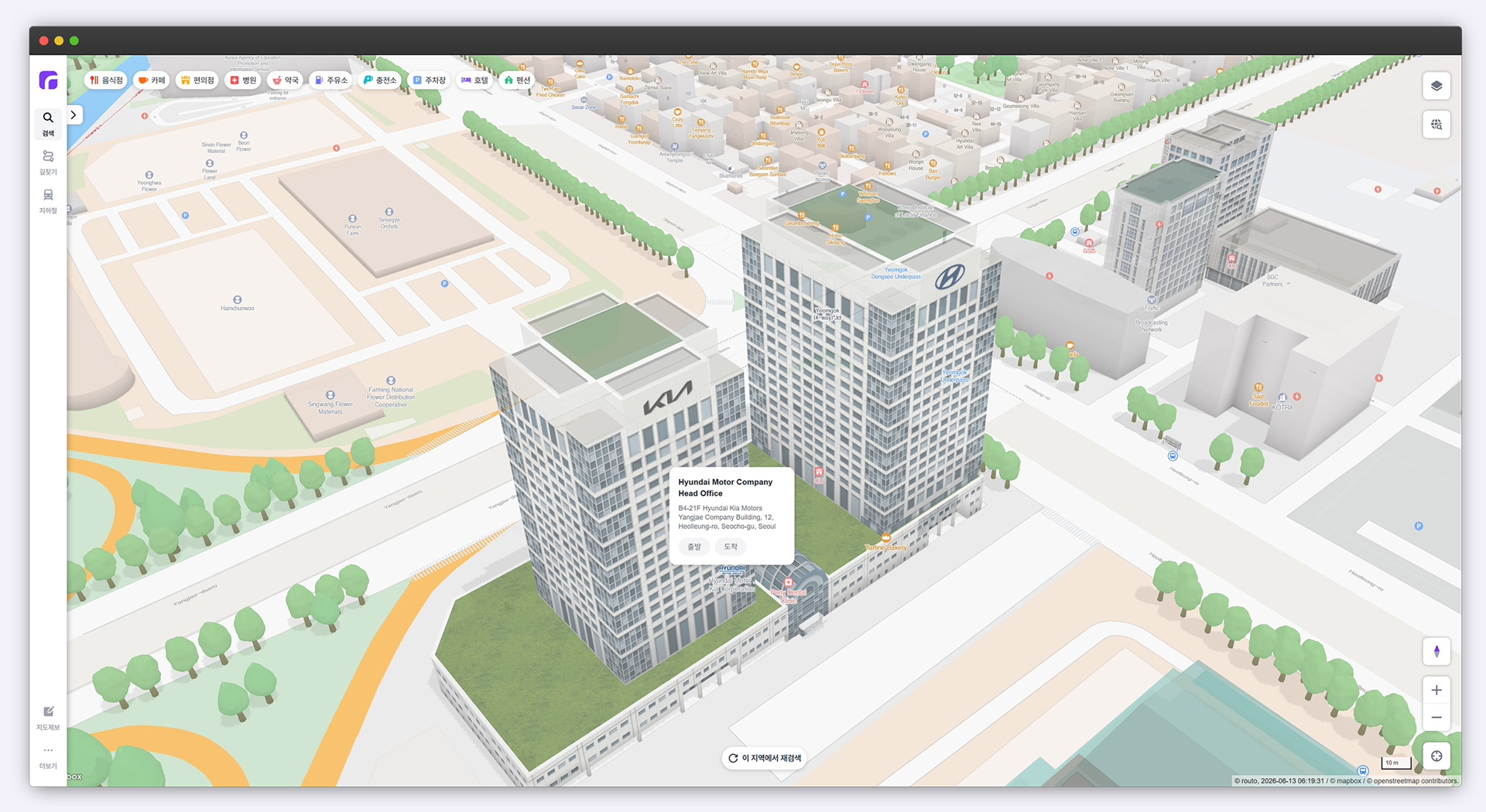 Clicking on the location of Hyundai Motor Group’s Yangjae headquarters on the map displays the address.