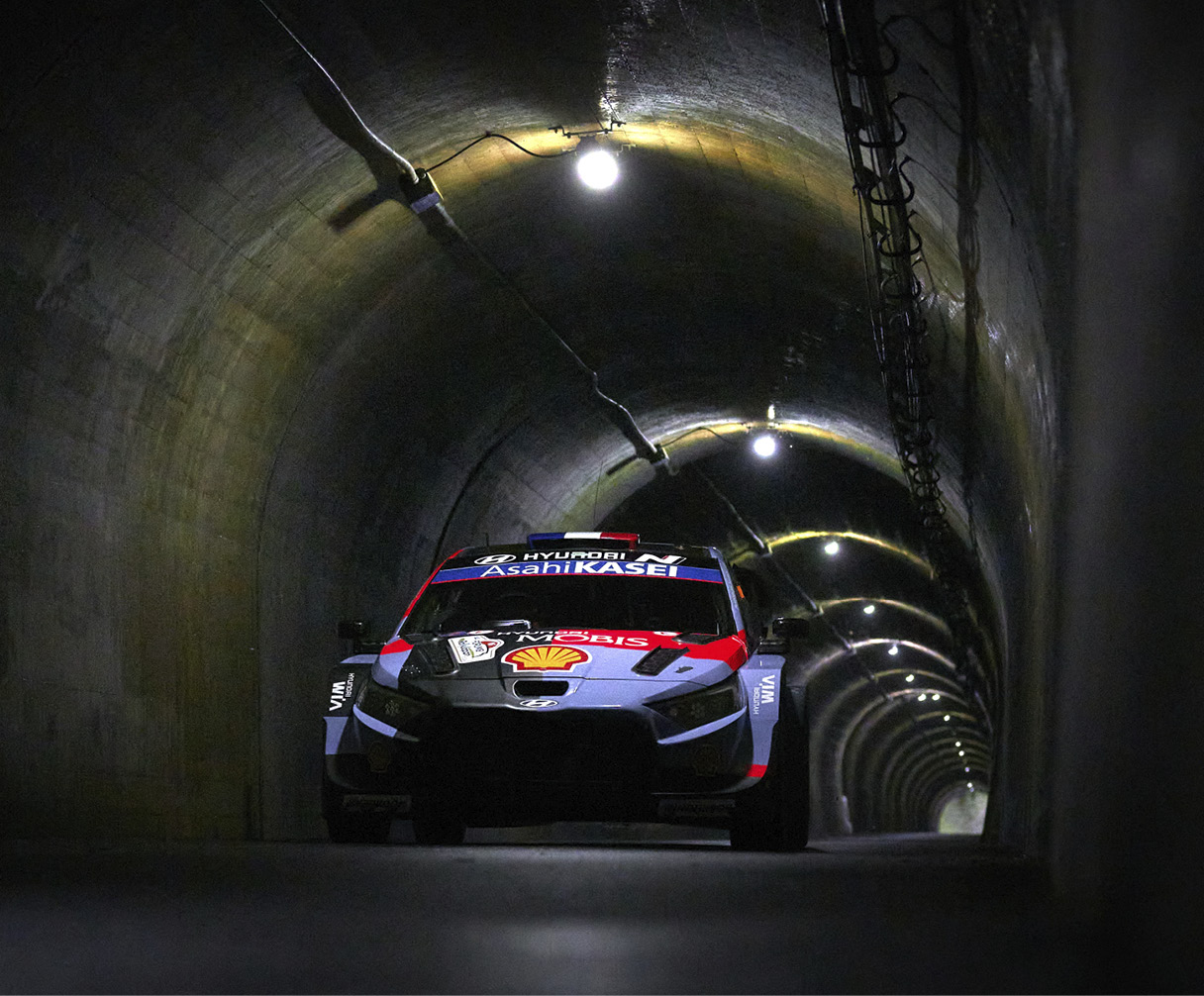 The Hyundai team WRC1 rally car is on the road