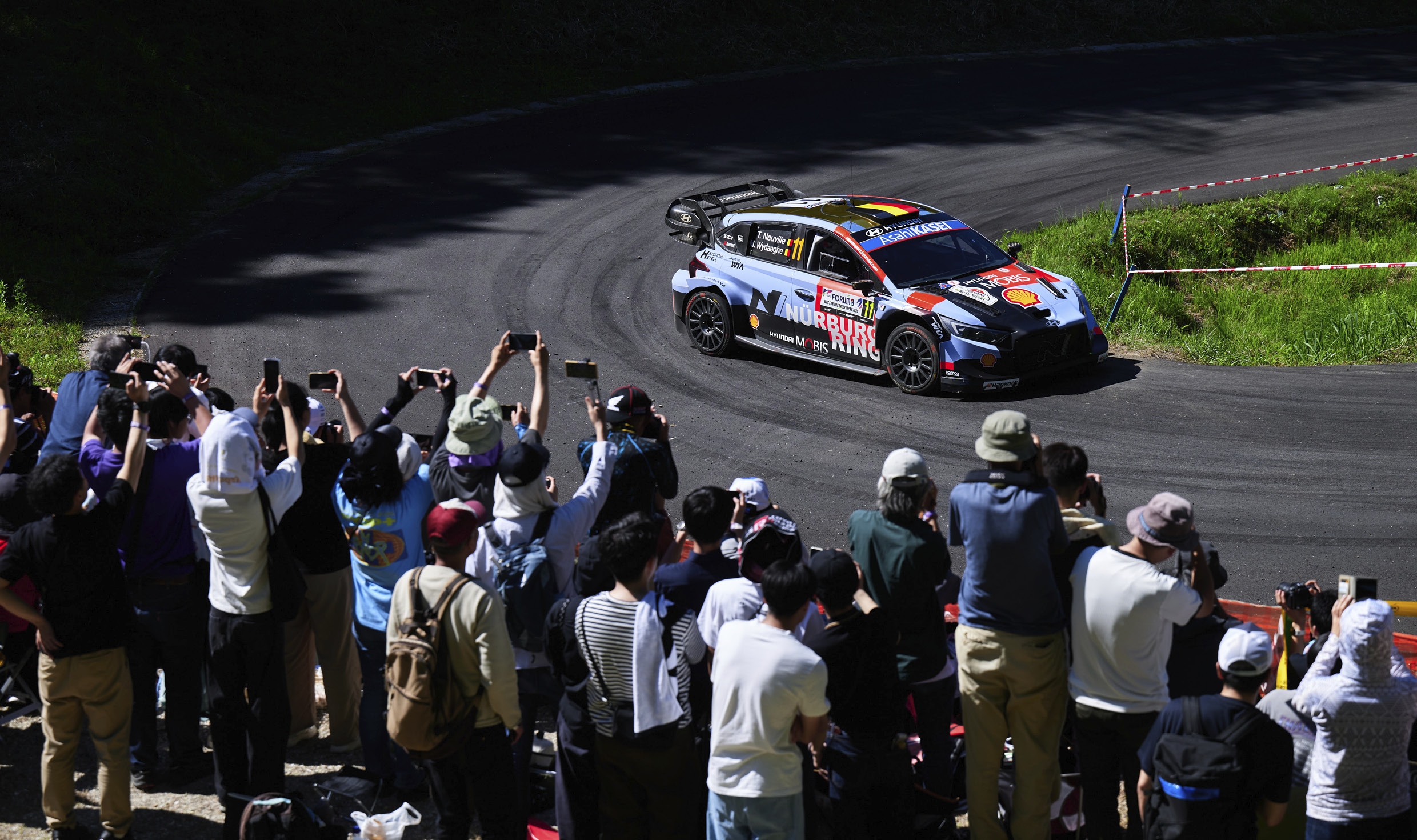 The Hyundai team WRC1 rally car is on the road