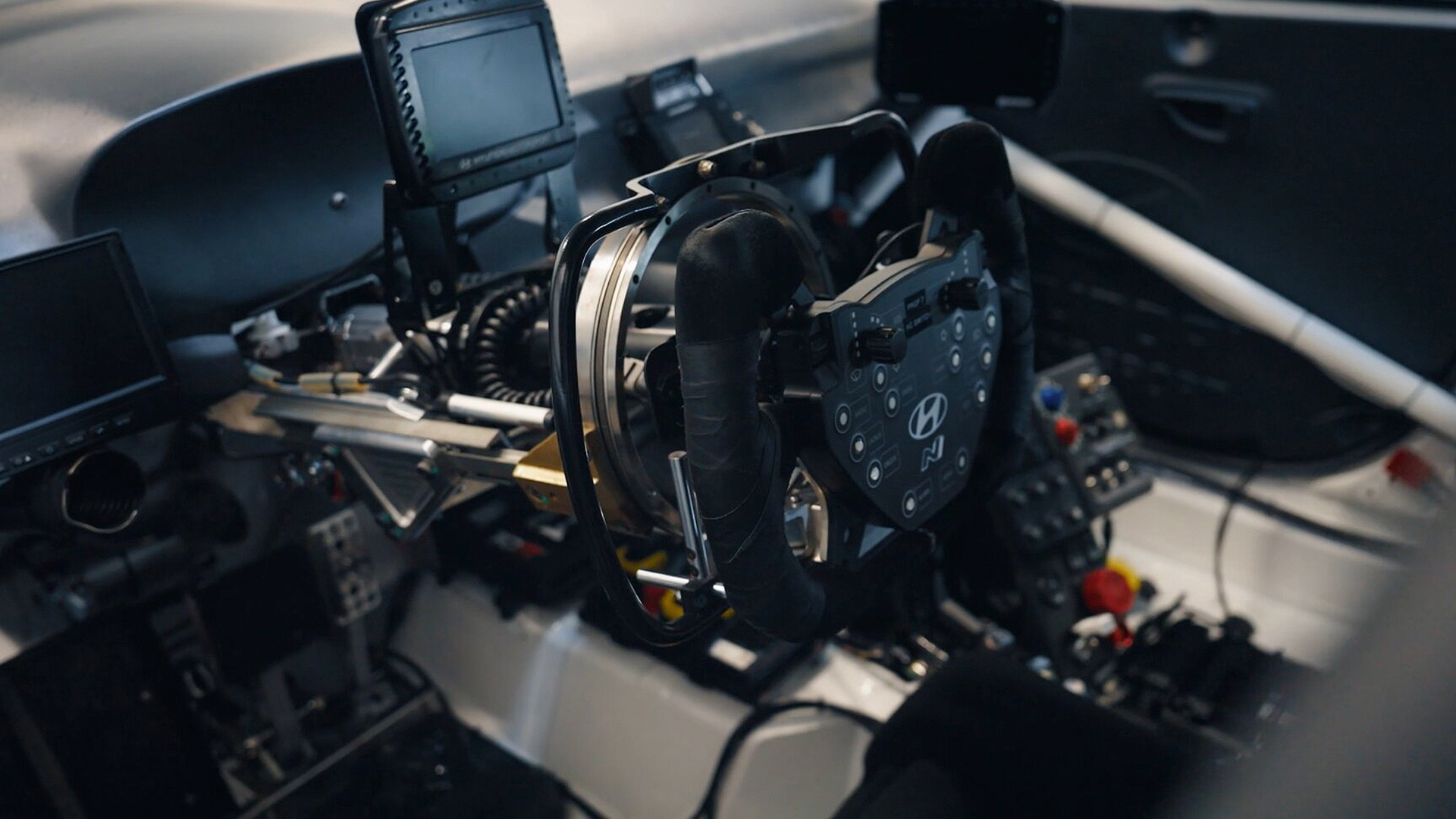 Interior view of a race car cockpit