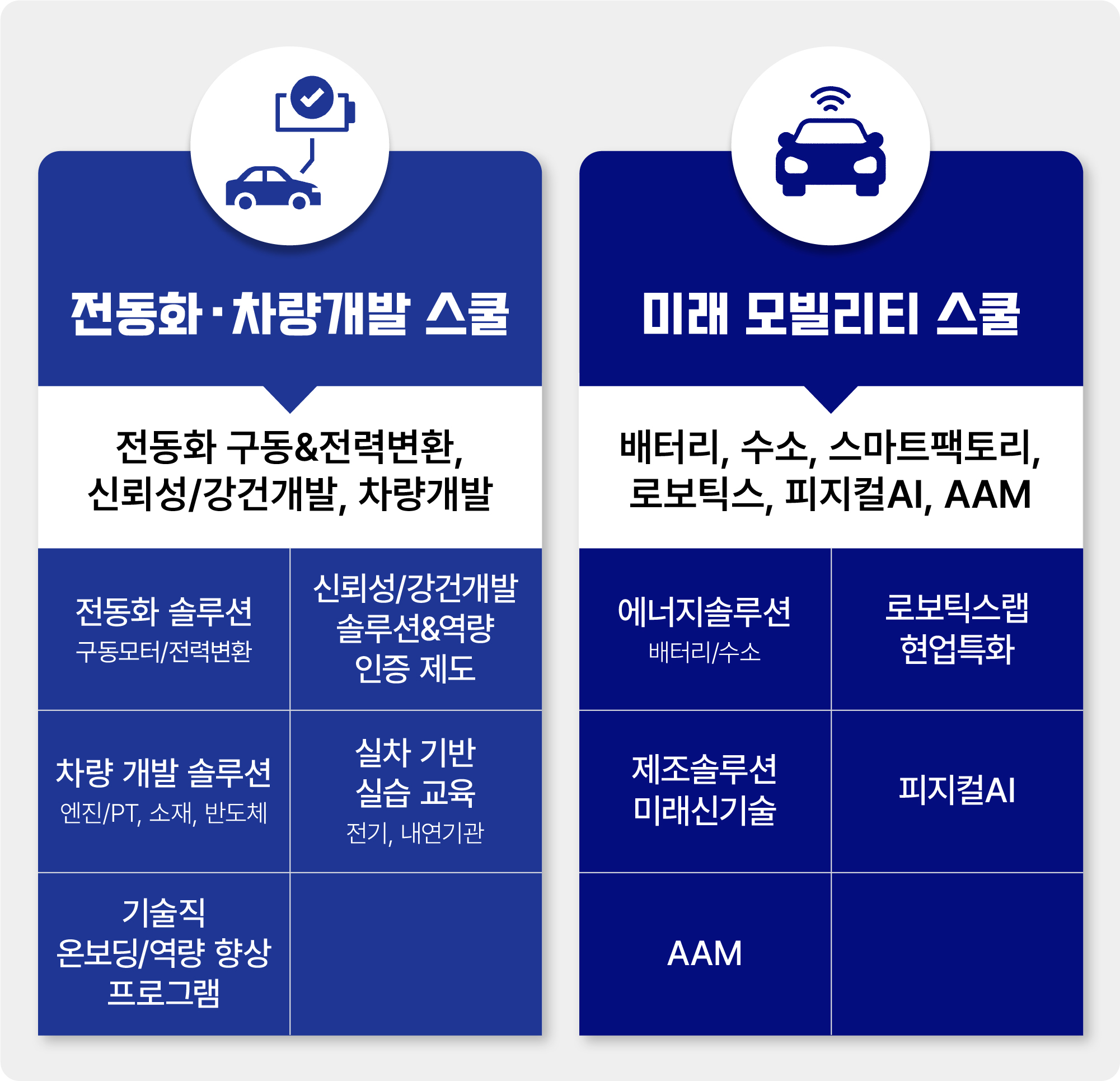 전동화·차량개발 스쿨: 전동화 솔루션, 신뢰성/강건개발 솔루션&역량 인증 제도, 차량 개발 솔루션, 실차 기반 실습 교육, 기술직 온보딩/역량 향상 프로그램 / 미래 모빌리티 스쿨: 에너지솔루션, 로보틱스랩 현업특화, 제조솔루션 미래신기술, 피지컬AI, AAM