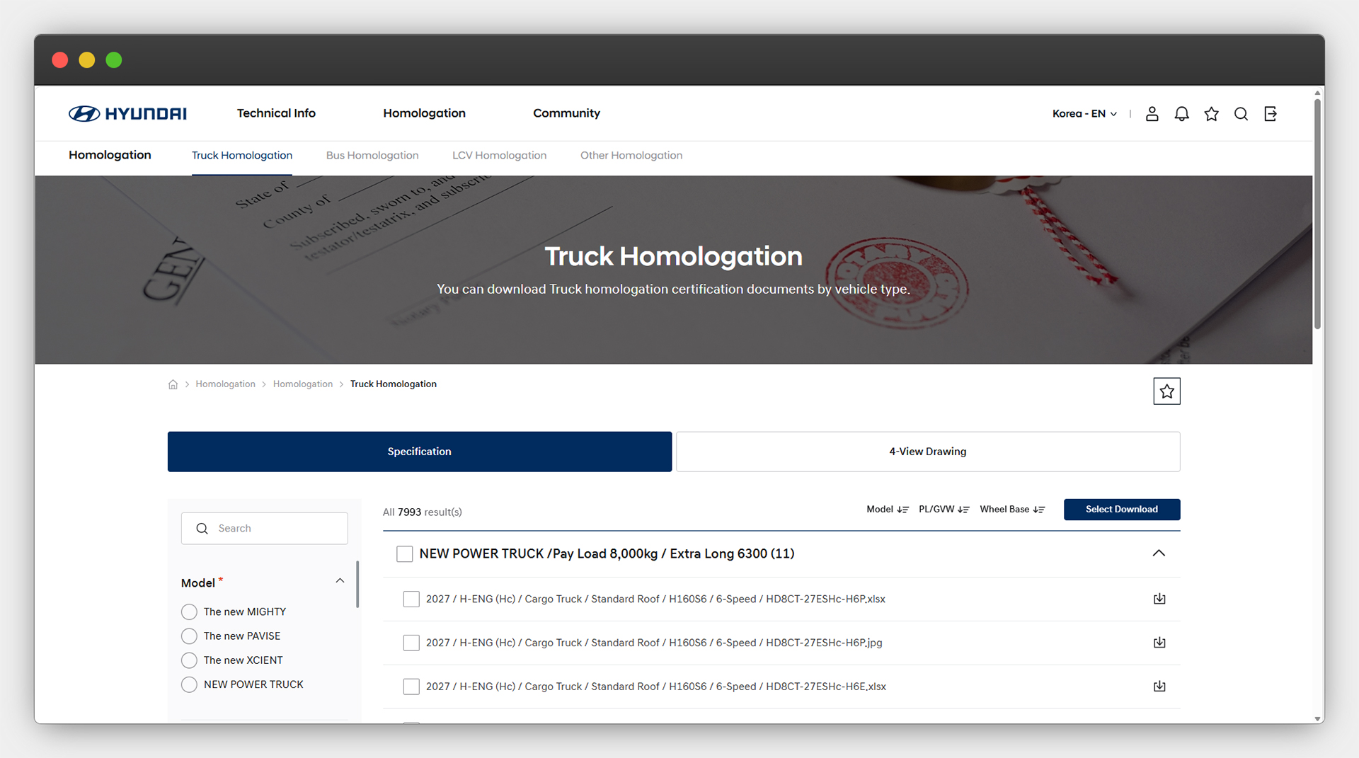 Screenshot of Hyundai Conversion+ truck certification data