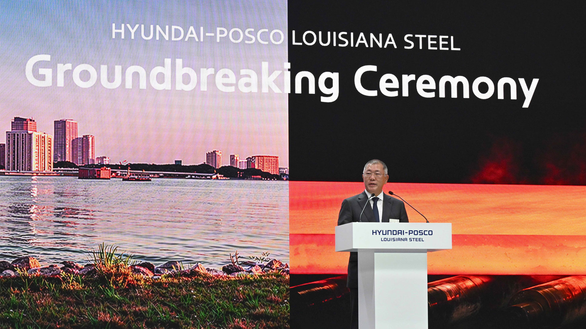 Hyundai Motor Group Executive Chair Euisun Chung delivers welcoming remarks at the groundbreaking ceremony.