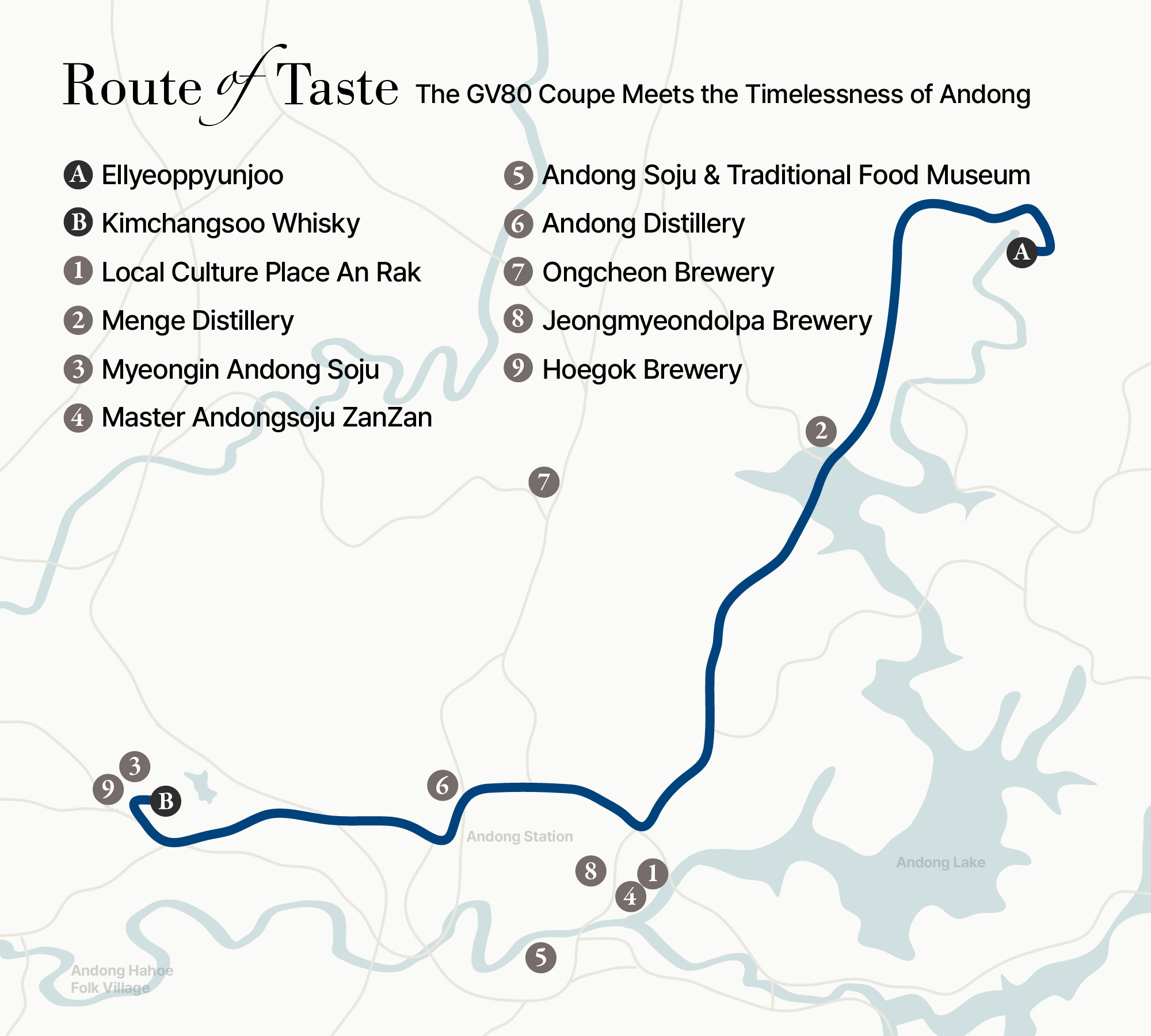 Map showing the Andong travel course and key destinations (A: Ellyeoppyeonju, B: Kim Chang-soo Whisky, 1: Local Culture Base Anrak, 2: Maenggae Suldoga, 3: Myeongin Andong Soju, 4: Master Andong Soju ZanZan, 5: Andong Soju & Traditional Food Museum, 6: Andong Distillery, 7: Ongcheon Brewery, 8: Jeongmyeondolpa Brewery, 9: Hoegok Brewery)