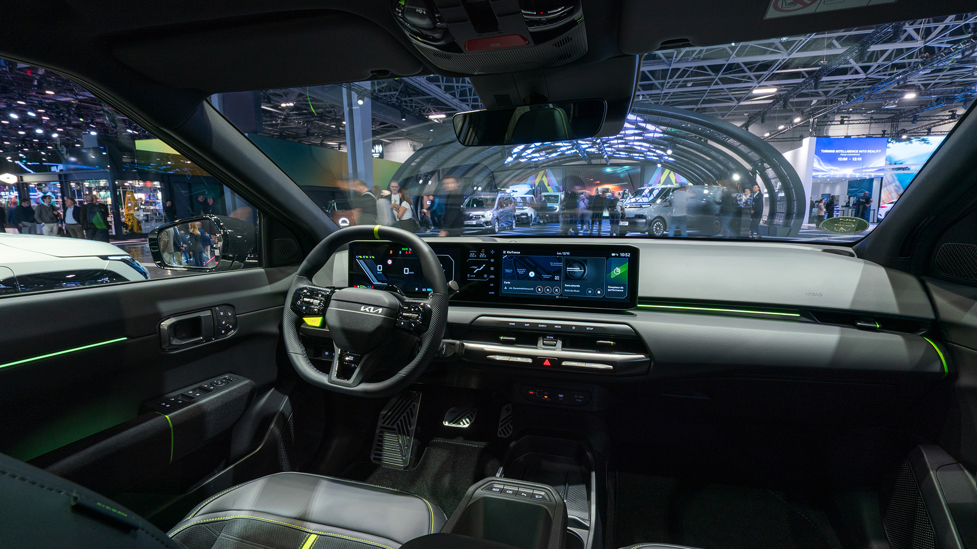 Interior of the Kia EV4 displayed at the 2026 Paris Motor Show exhibition hall