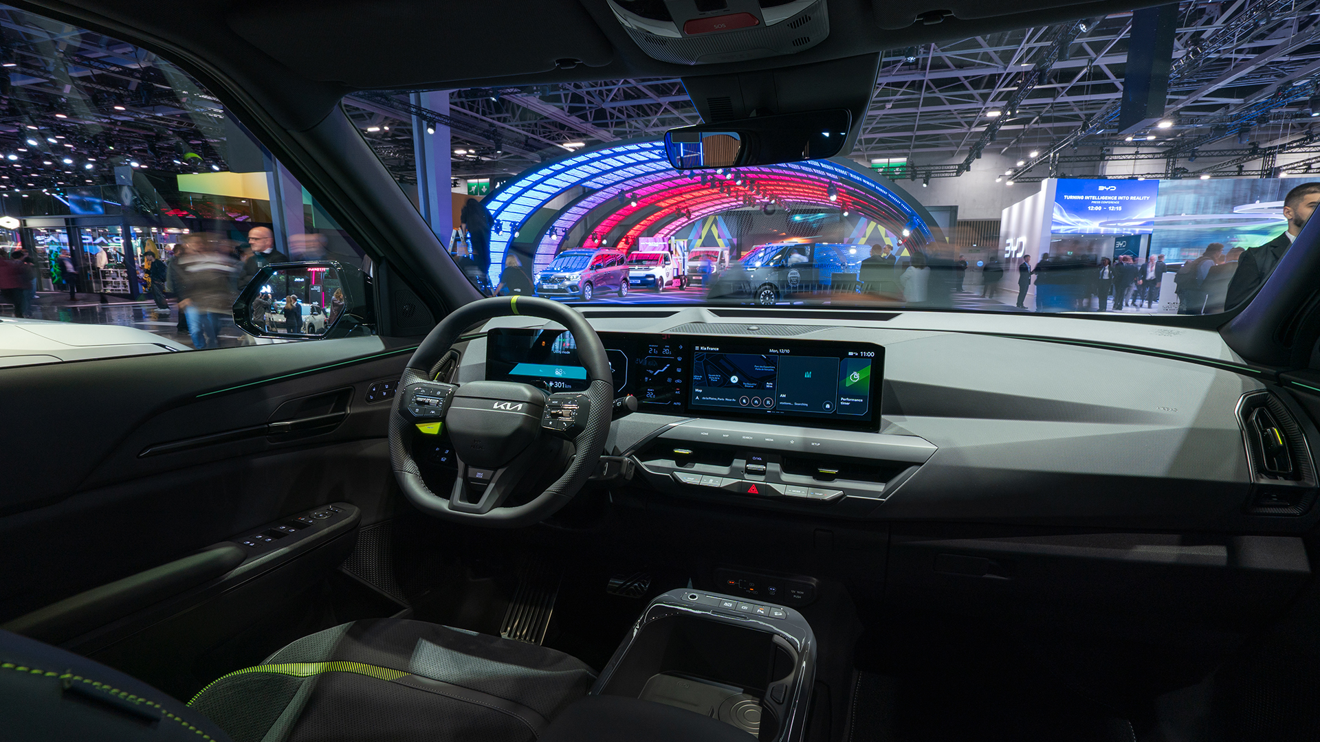 The interior of the Kia EV5 displayed at the 2026 Paris Motor Show venue